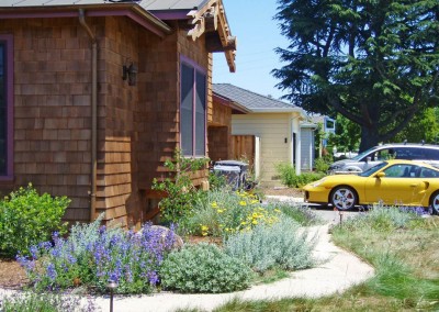 confluence ecological landscaping, maintenance of plants and pathway with yellow car