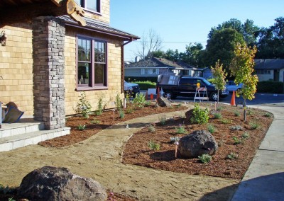 confluence ecological landscaping, after installation of plants, decorative boulders and dg pathway